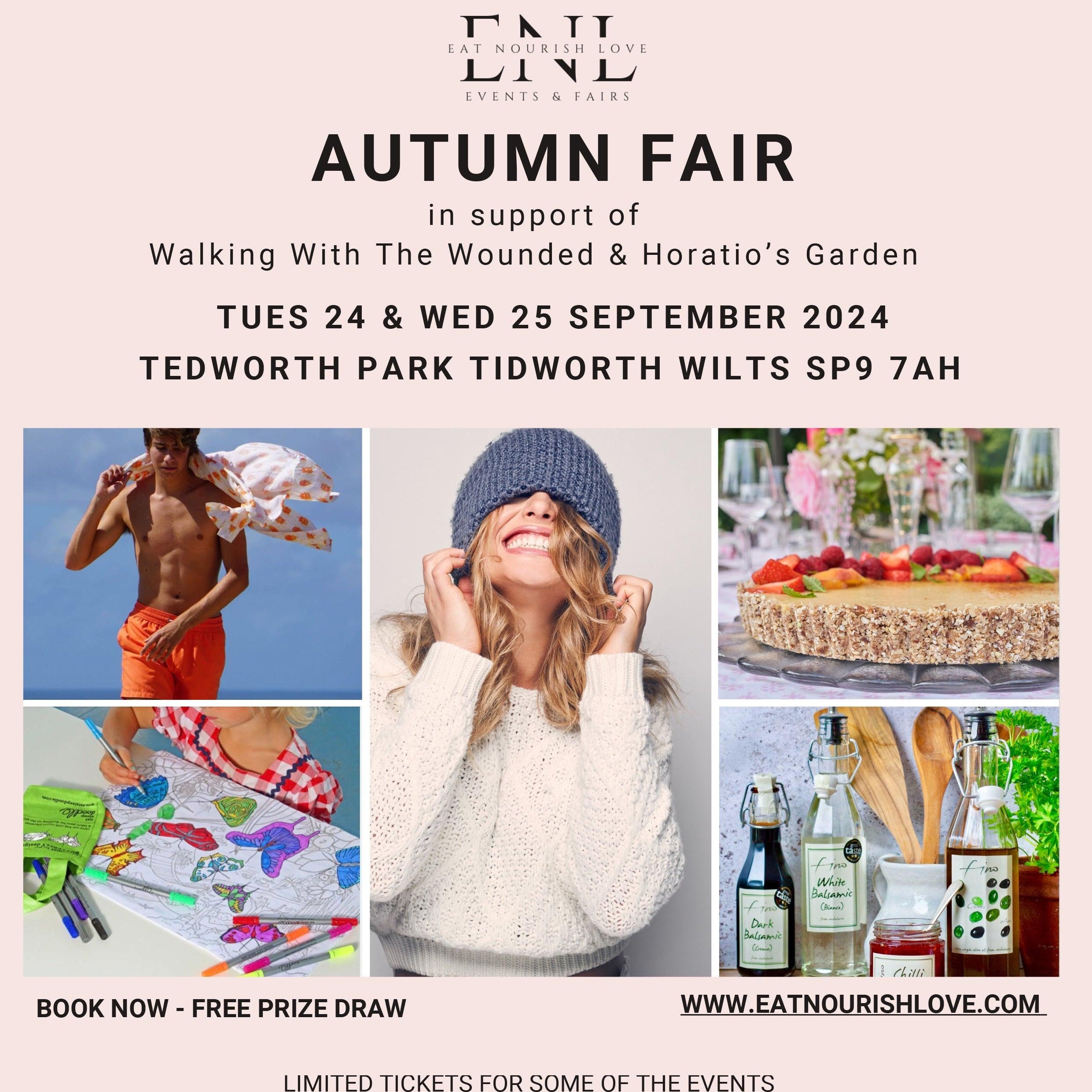 Autumn Fair 2024 flier with event details, fashion, food, crafts, drinks and smiling model.
