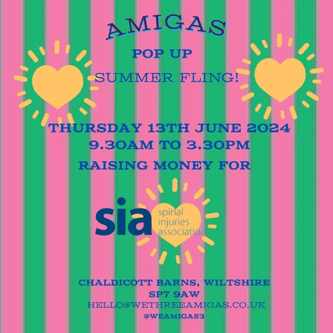 Amigas Summer Fling pop-up event poster with event details on green and pink striped background.