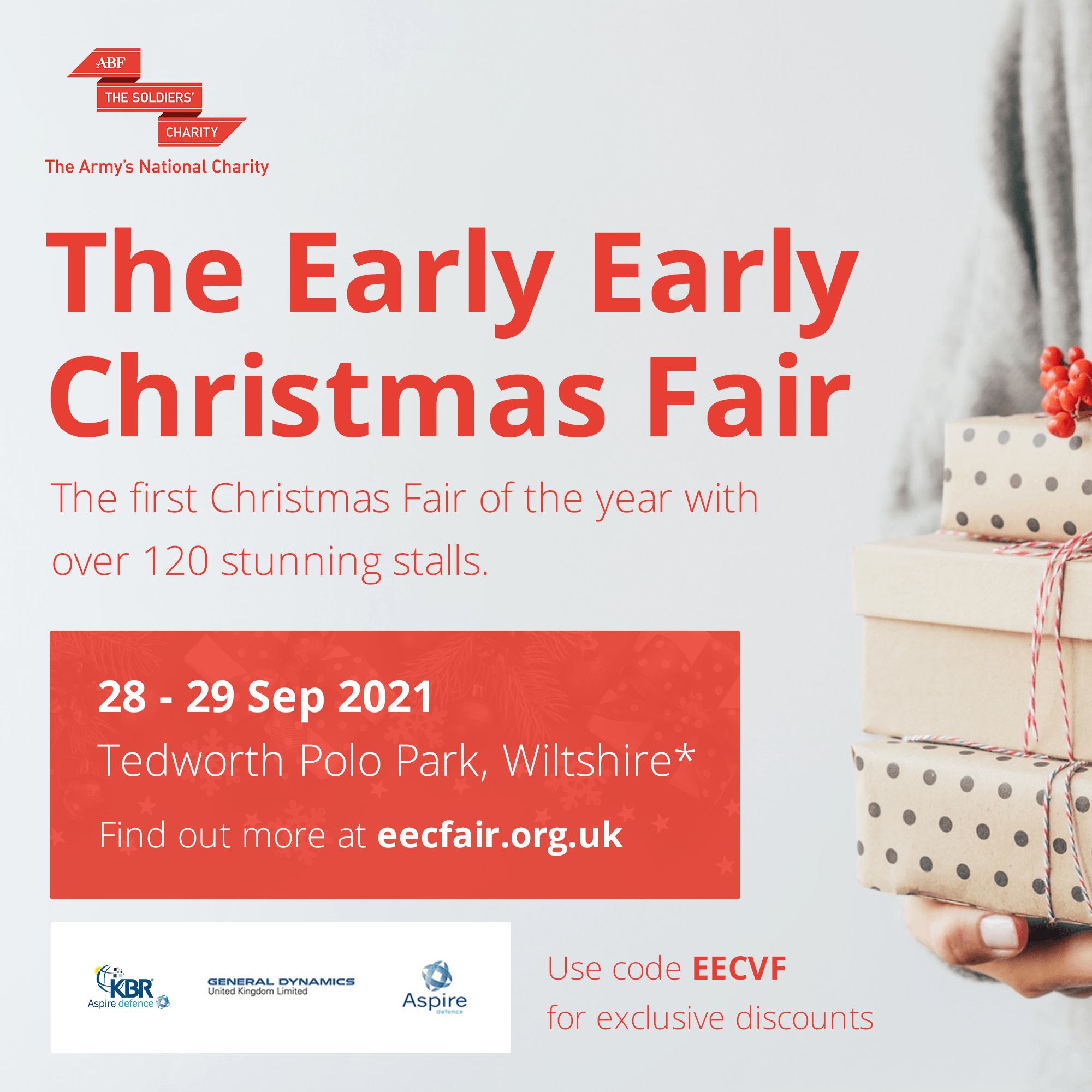 The Early Early Christmas Fair 2021 promo with gift boxes, ABF Soldiers' Charity logo, event details.