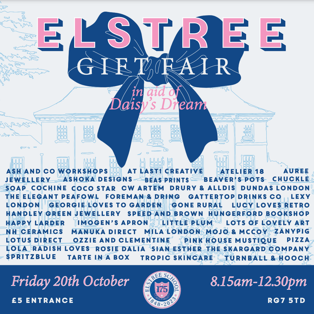 Elstree School Gift Fair 2023 event poster with blue bow and vendor names, Friday 20th October