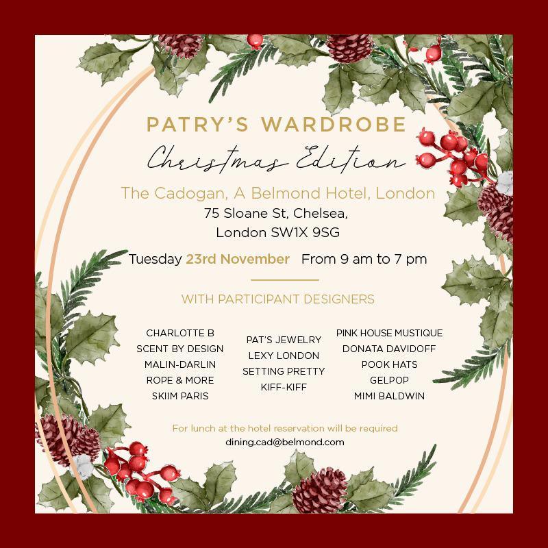 Patry's Wardrobe Christmas Edition event invite at The Cadogan Hotel, London with designer list and festive holly border.