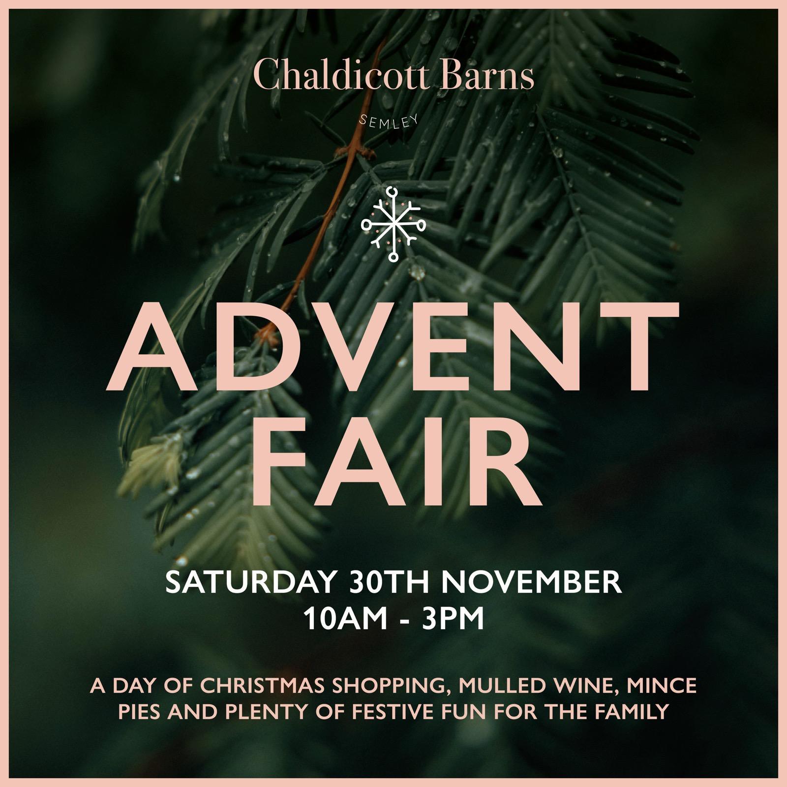 Chaldicott Barns Advent Fair event promo with festive pine branch background and event details