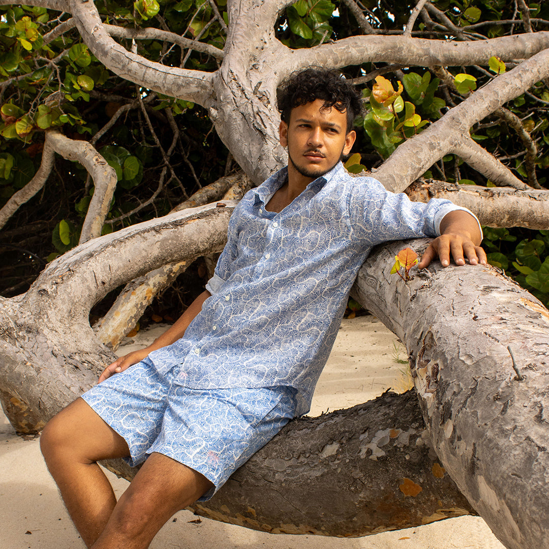 Coral Stone linen shirt and swim shorts in blue by Pink House