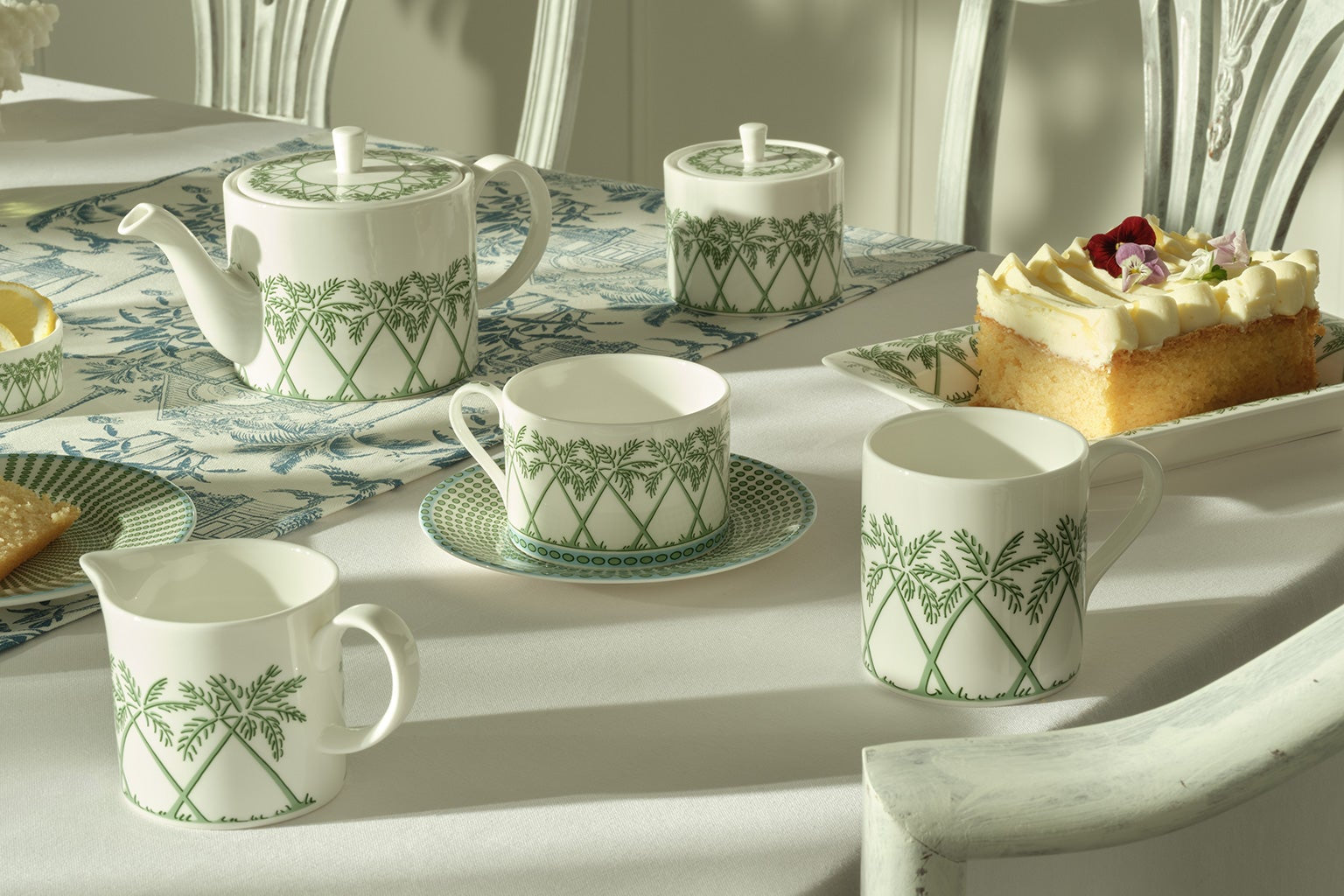 Luxury fine bone china tea set in Palms Sage Green by Pink House Mustique, coming soon to the homeware collection.
