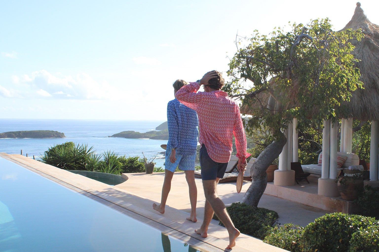 Pink House menswear collections take you from beach to bar, day to evening. Classic linen shirts, shorts & trousers, t-shirts, polos, swim shorts, and silk evening shirts.
