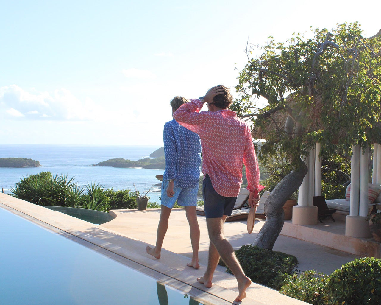 Pink House menswear collections take you from beach to bar, day to evening. Classic linen shirts, shorts & trousers, t-shirts, polos, swim shorts, and silk evening shirts.