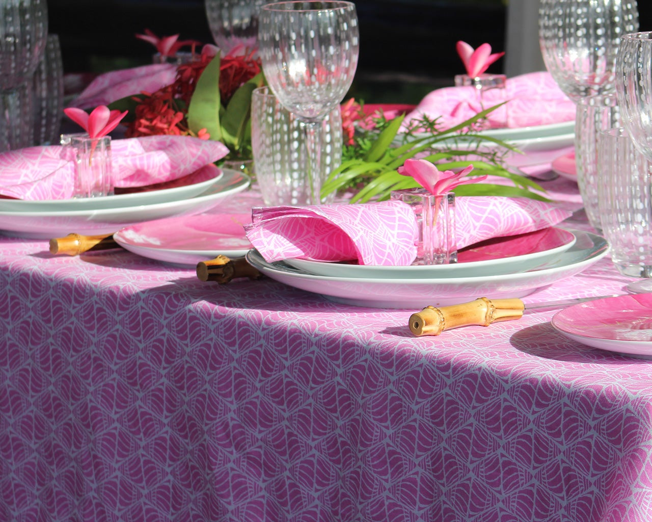 Pink linen tablecloth with matching napkins and glassware, elegant summer table setting for luxury home entertaining