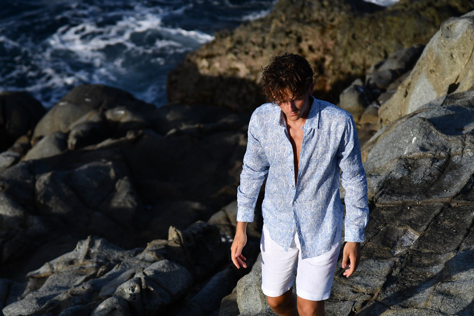 New arrivals - Men’s Coral Stone Blue linen shirt by Pink House Mustique, island resort style by the ocean cliffs.