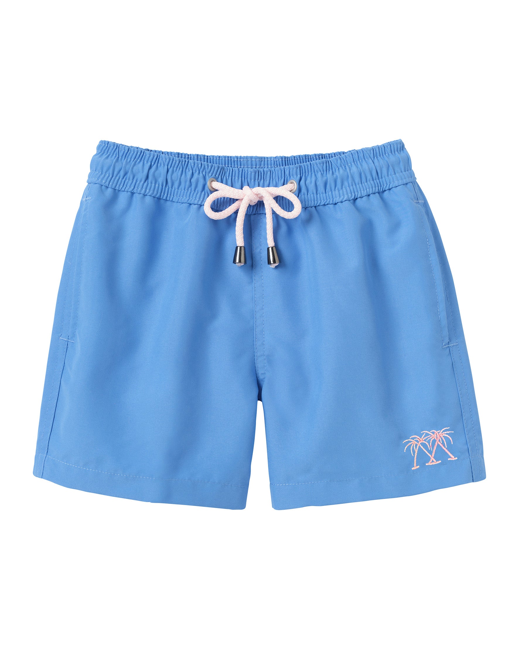 Close-up of blue swim trunks shorts with a pocket and button on a white background