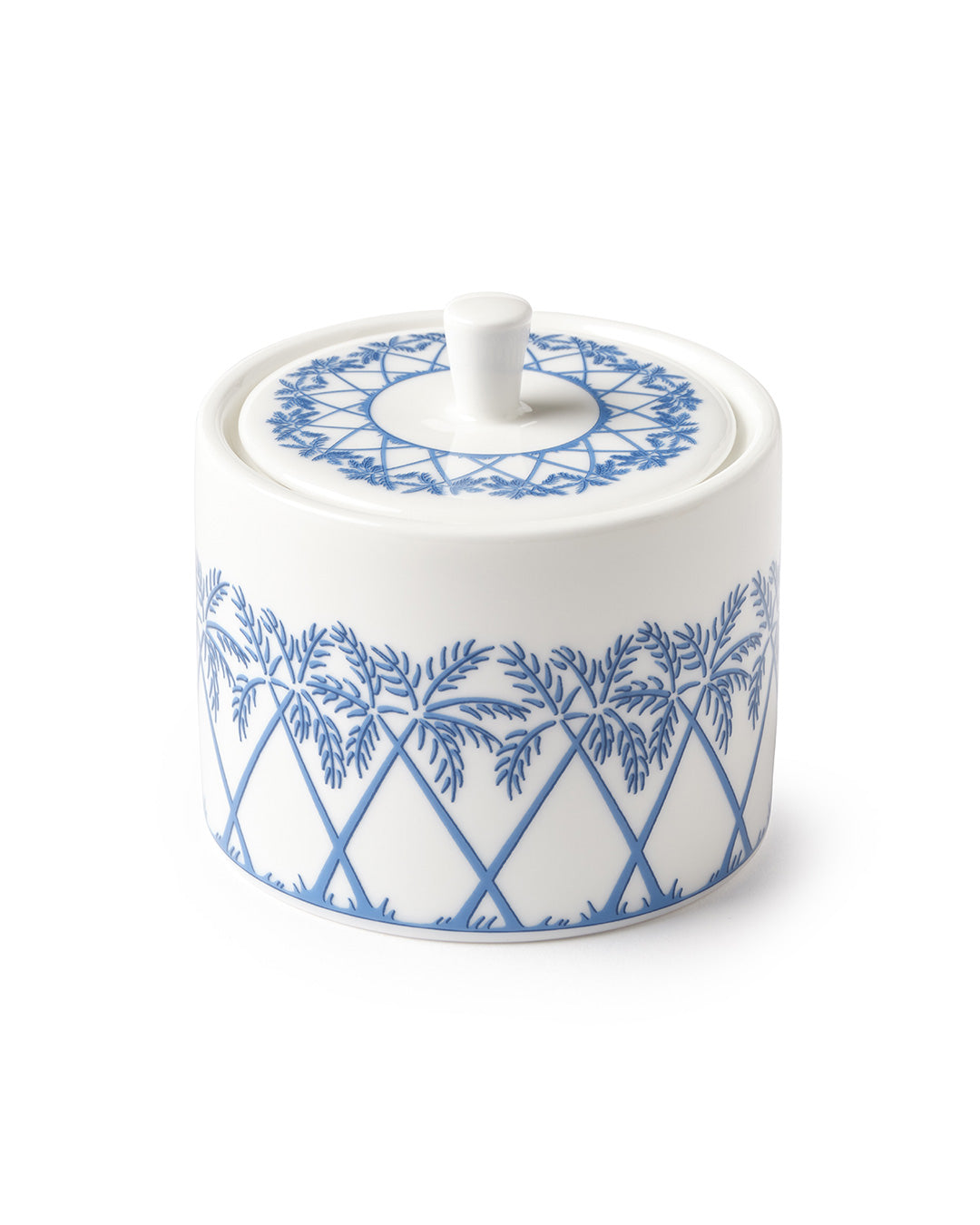 Fine bone china covered pot in Palms Azure Blue pattern by Pink House Mustique, elegant British-made tea service piece.