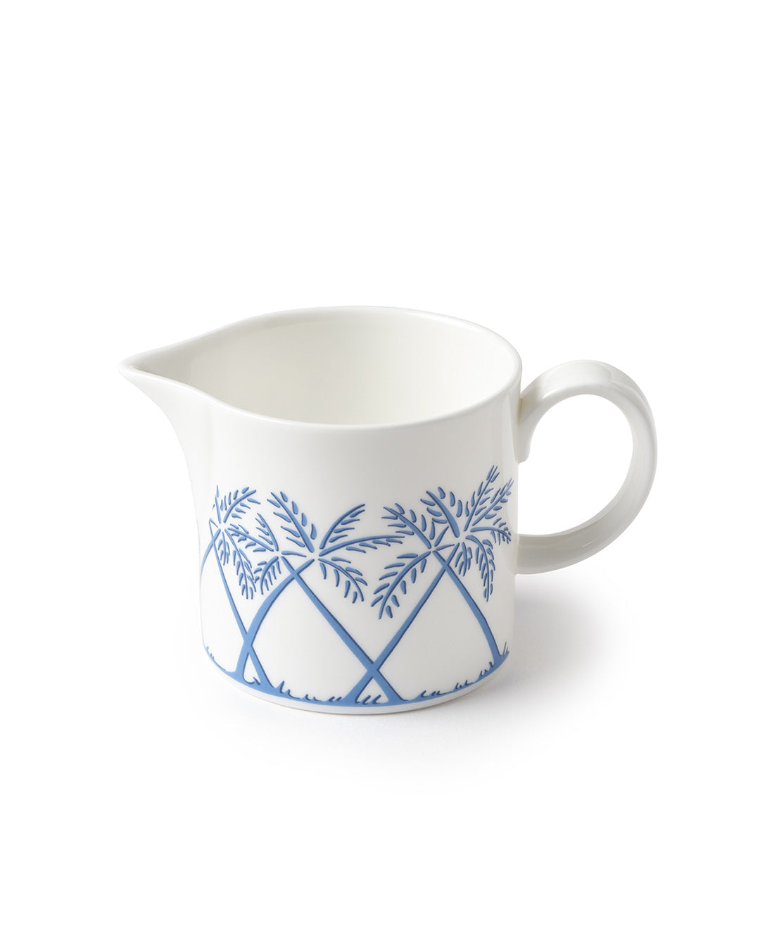 Fine bone china cream jug in Palms Azure Blue pattern by Pink House Mustique, elegant British-made tea service piece.