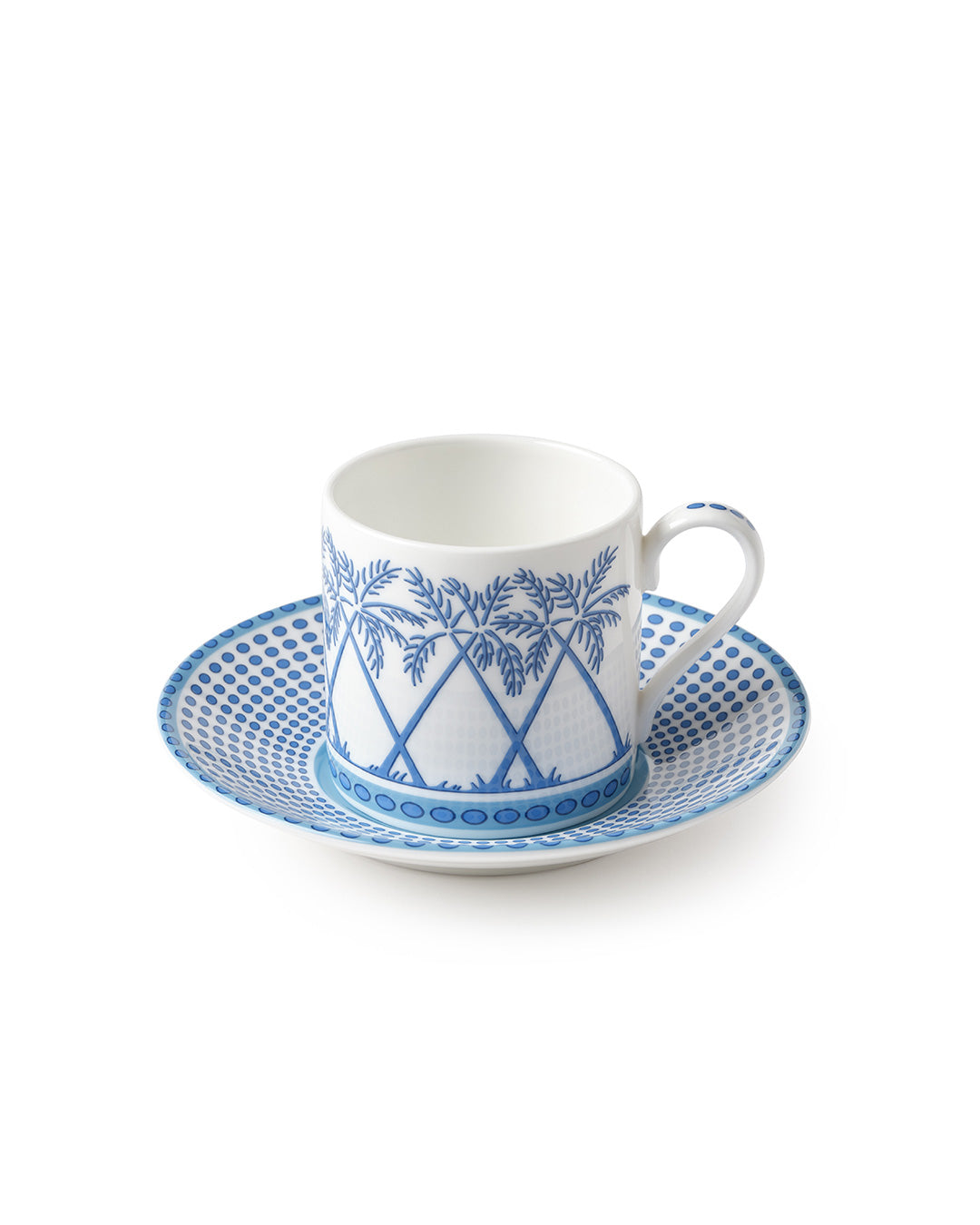 Fine bone china espresso cup & saucer in Palms Azure Blue pattern by Pink House Mustique, elegant British-made tea service piece.