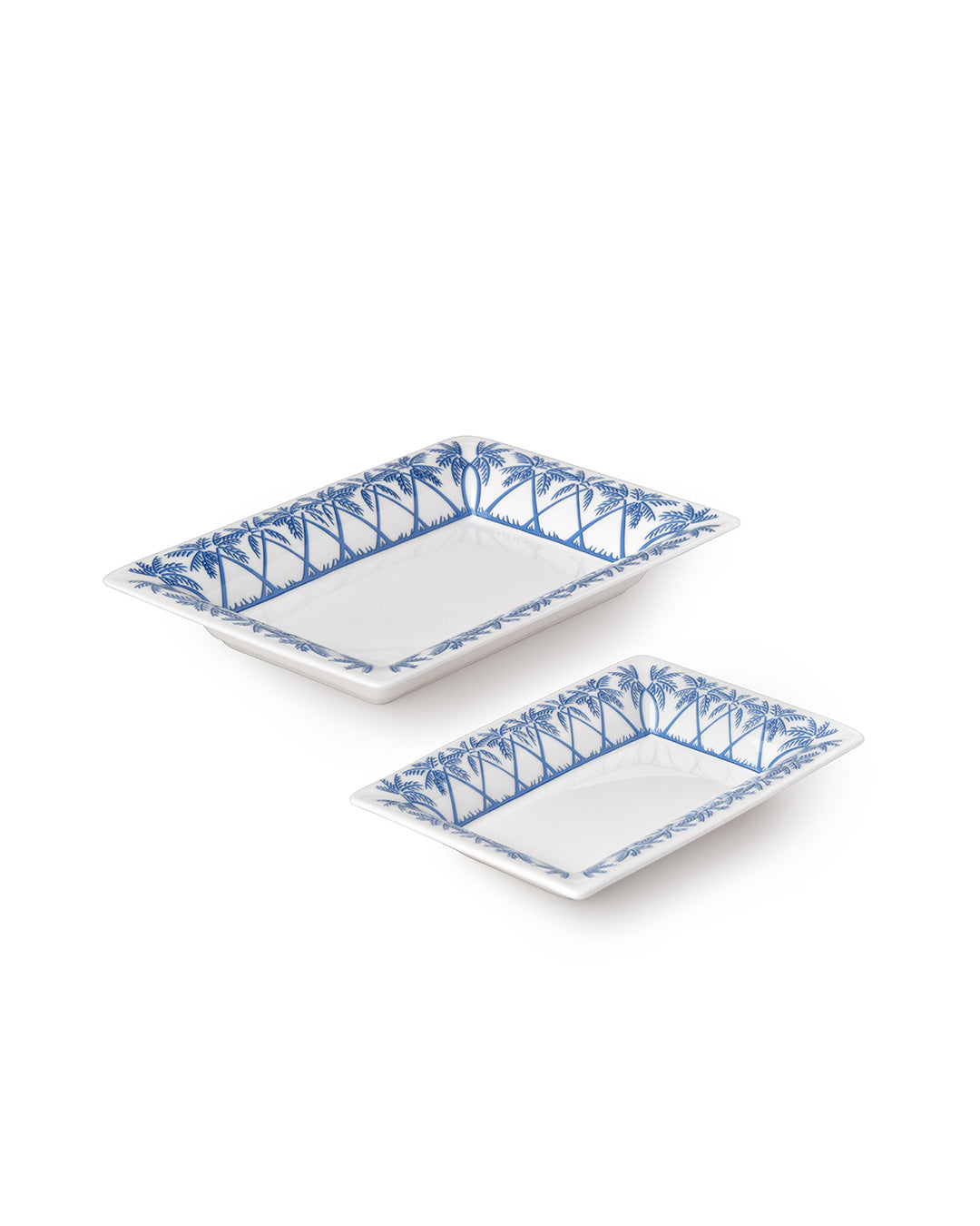 Showing the relative size of the trinket tray next to the small trinket tray in Palms Azure Blue design by Pink House Mustique, handmade in England.