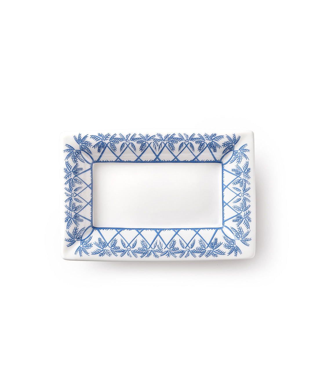 Fine bone china small trinket tray in Palms Azure Blue pattern by Pink House Mustique, elegant British-made tea service piece.