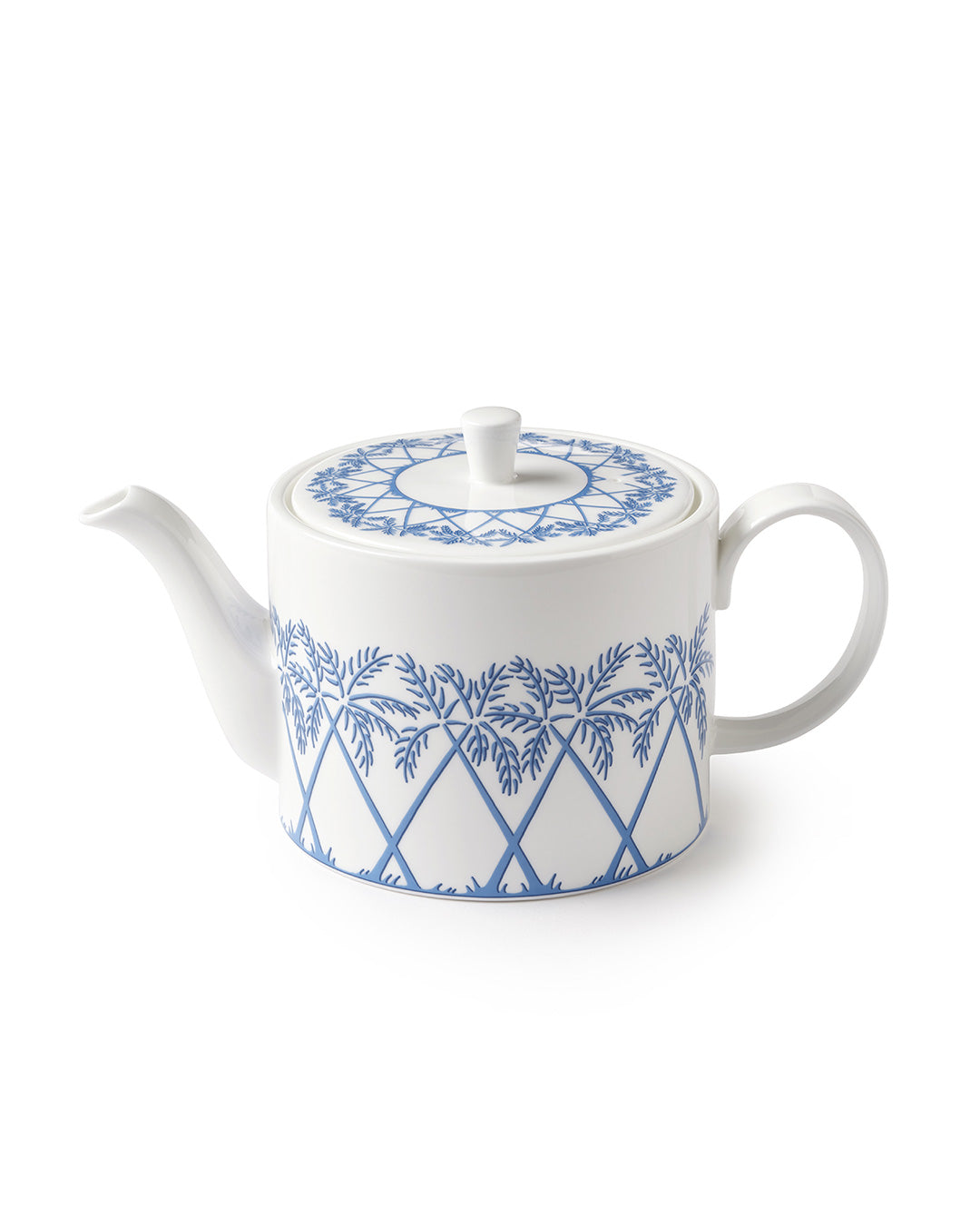 Fine bone china teapot in Palms Azure Blue pattern by Pink House Mustique, elegant British-made tea service piece.