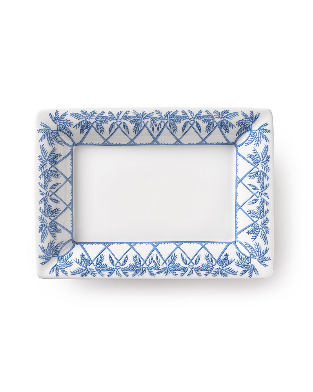 Fine bone china trinket tray in Palms Azure Blue pattern by Pink House Mustique, elegant British-made tea service piece.