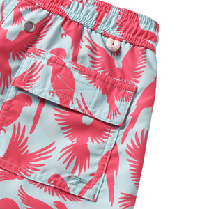 Boys swim shorts back pocket detail in turquoise blue and coral red Striped Shell print by designer Lotty B