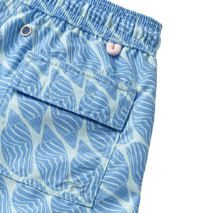 Boys swim shorts back pocket detail in blue Striped Shell print by designer Lotty B