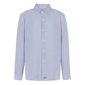 Children's long sleeved plain azul blue linen shirt by designer Lotty B for The Pink House Mustique