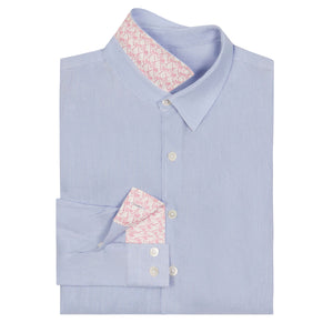 Children's plain azul blue linen shirt by designer Lotty B for The Pink House Mustique