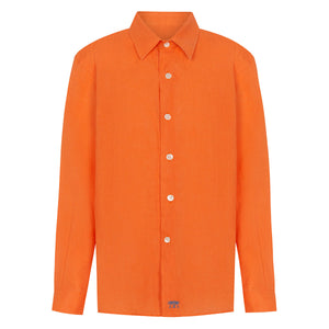 Childrens orange long sleeved linen shirt by Lotty B Mustique