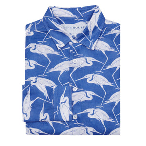 Childrens blue linen shirt with egret print by Lotty B Mustique