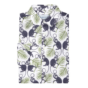 Childrens Linen Shirt: MONKEY and PALMS - PLUM/GREEN
