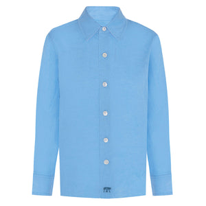 Childrens long sleeved linen Shirt: FRENCH BLUE. Designer Lotty B for Pink House Mustique
