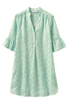 Womens linen dress with gathered sleeve in green and pale blue fern print