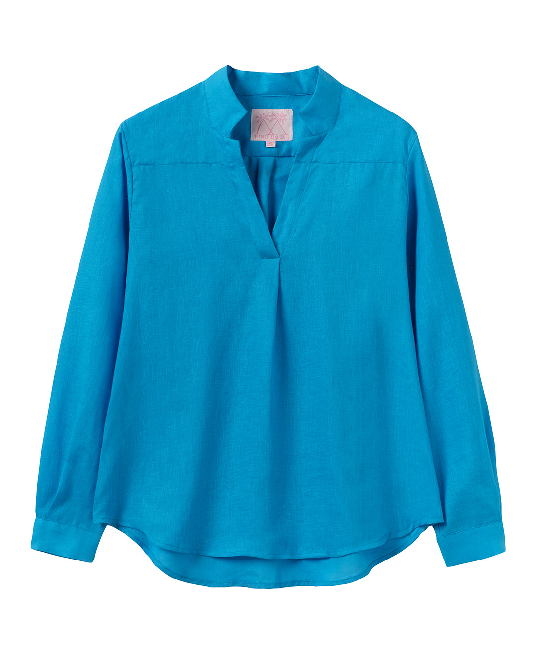 Women’s turquoise blue linen kim-style shirt by Pink House Mustique, lightweight relaxed fit summer top