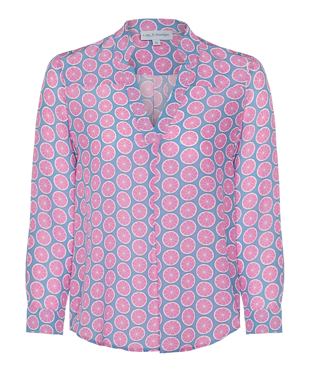Womens pure silk Kim blouse in Lime Slice blue and pink print by designer Lotty B for Pink House