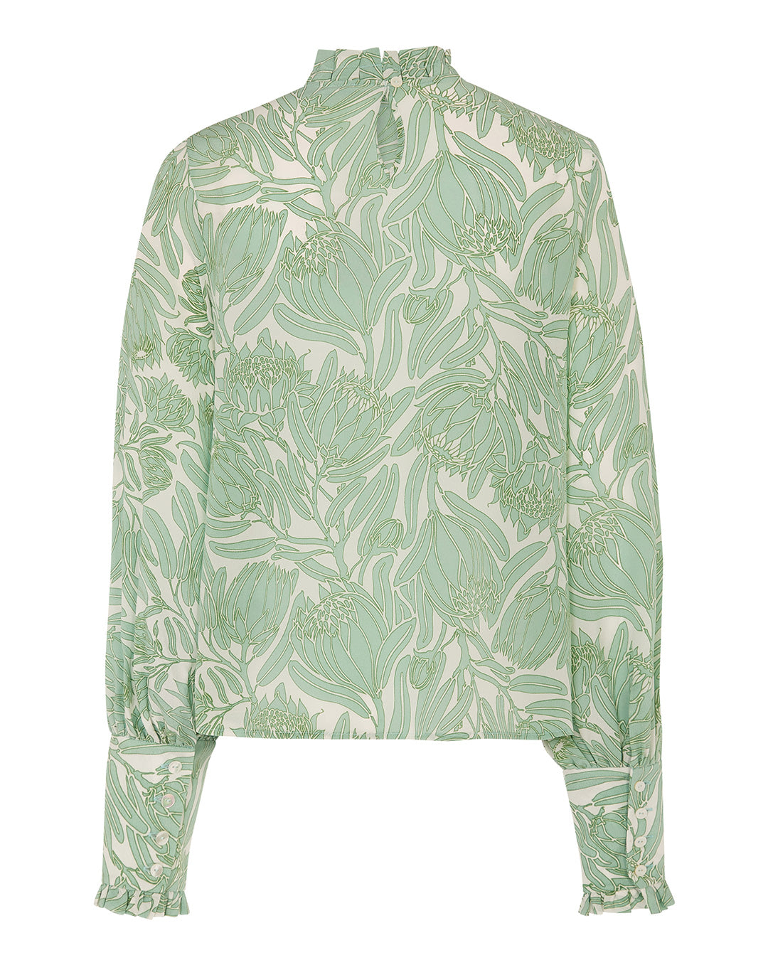 Button neck at back of silk Kelly blouse in Protea sage green and white by designer Lotty B for Pink House