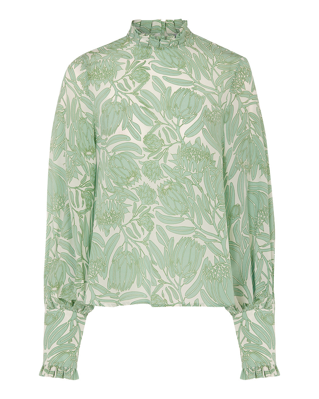 Silk Kelly blouse in Protea sage green and white by designer Lotty B for Pink House