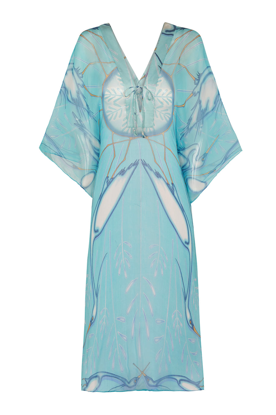 Elegant pool holiday style, chiffon silk Cosima Kaftan in blue Egret design, Lotty B Mustique
