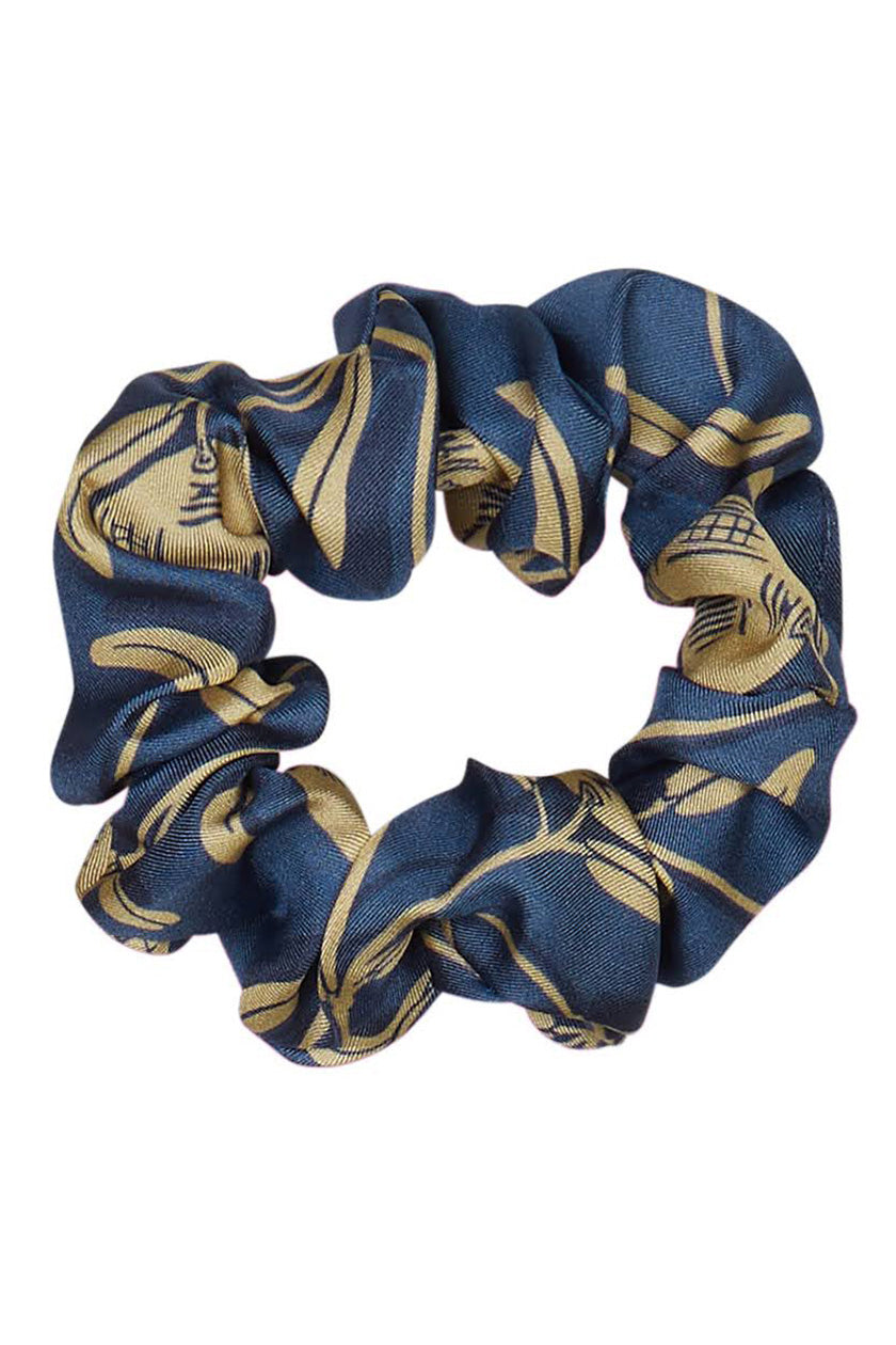 Silk scrunchy in Gold & Navy Pomegranate print by Lotty B Mustique - Handmade in the UK