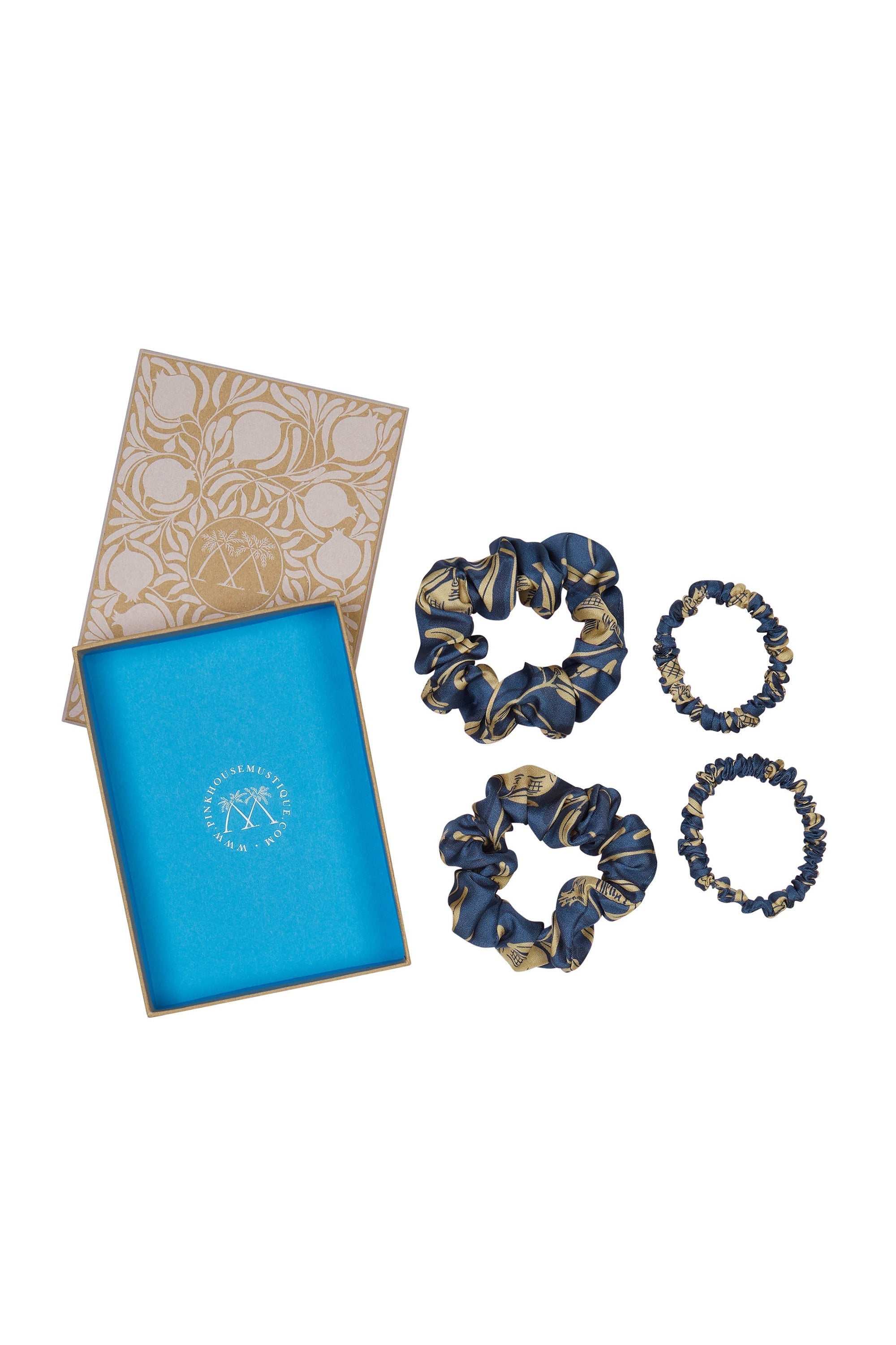 Luxurious silk scrunchie gift set in Gold & Navy Pomegranate print by Lotty B Mustique