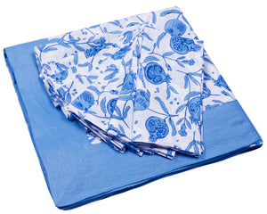 Pomegranate Blue Linen Tablecloth designed by British fashion & interiors designer Lotty B for Pink House Mustique