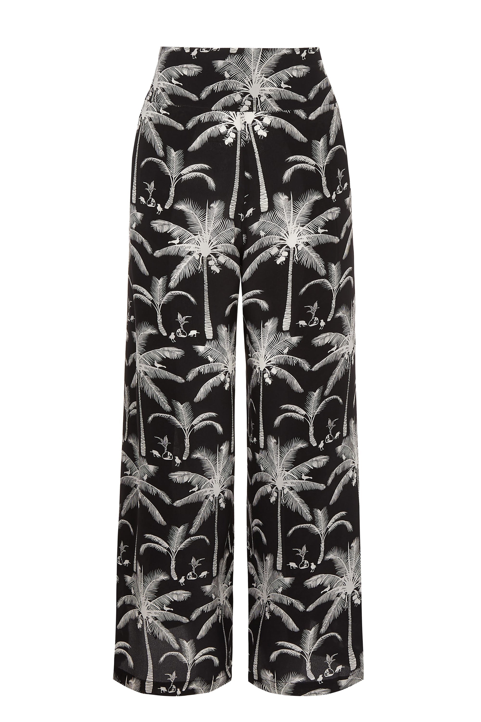 Silk cdc Gabija palazzo pants black and white plantation palm print by Lotty B Mustique