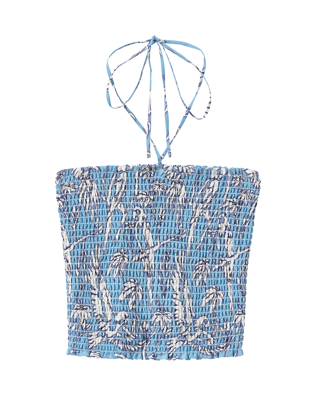 Pink House silk ruffle bandeau top in Parrot Blue – luxury crepe-de-Chine resortwear by Lotty B, perfect for beach days and holidays.