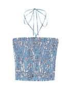 Pink House silk ruffle bandeau top in Parrot Blue – luxury crepe-de-Chine resortwear by Lotty B, perfect for beach days and holidays.