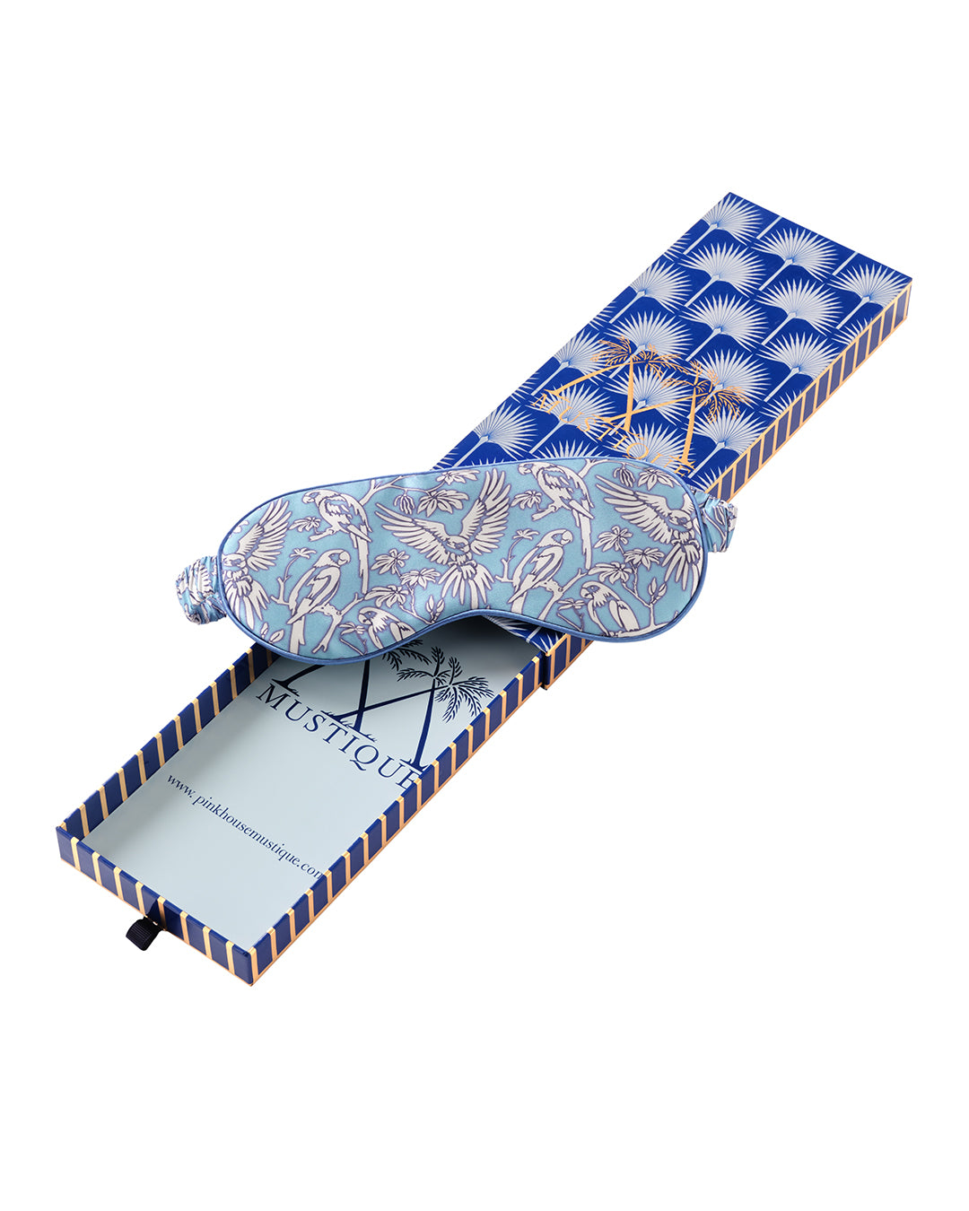 Pink House luxury silk eye mask in Parrot Blue print delivered in a gift box – soft silk sleepwear accessory by Lotty B Mustique.