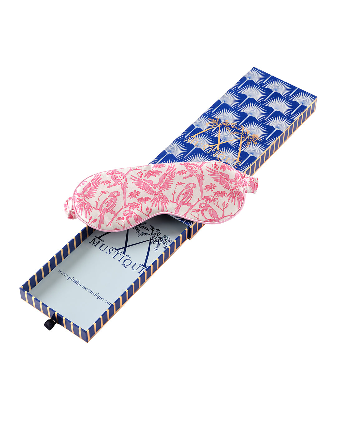 Pink House luxury silk eye mask in Parrot Pink print delivered in a gift box – soft silk sleepwear accessory by Lotty B Mustique.