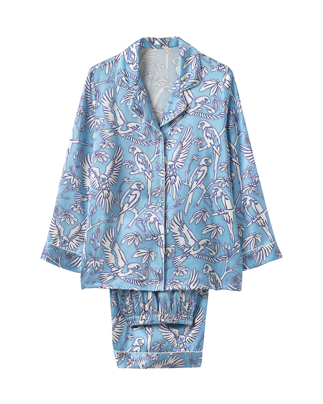 Pink House pure sueded silk charmeuse pyjamas in Parrot Blue – luxury sleepwear by Lotty B, ideal for lounging, travel, or gifting.