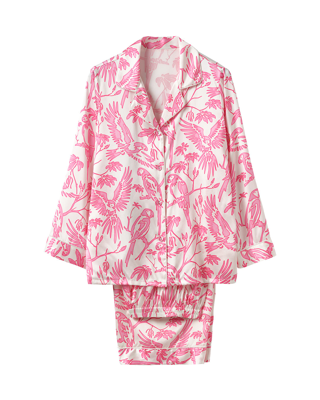 Pink House pure silk pyjamas in Parrot Pink – luxury loungewear by Lotty B, perfect for sleep, travel, or gifting.