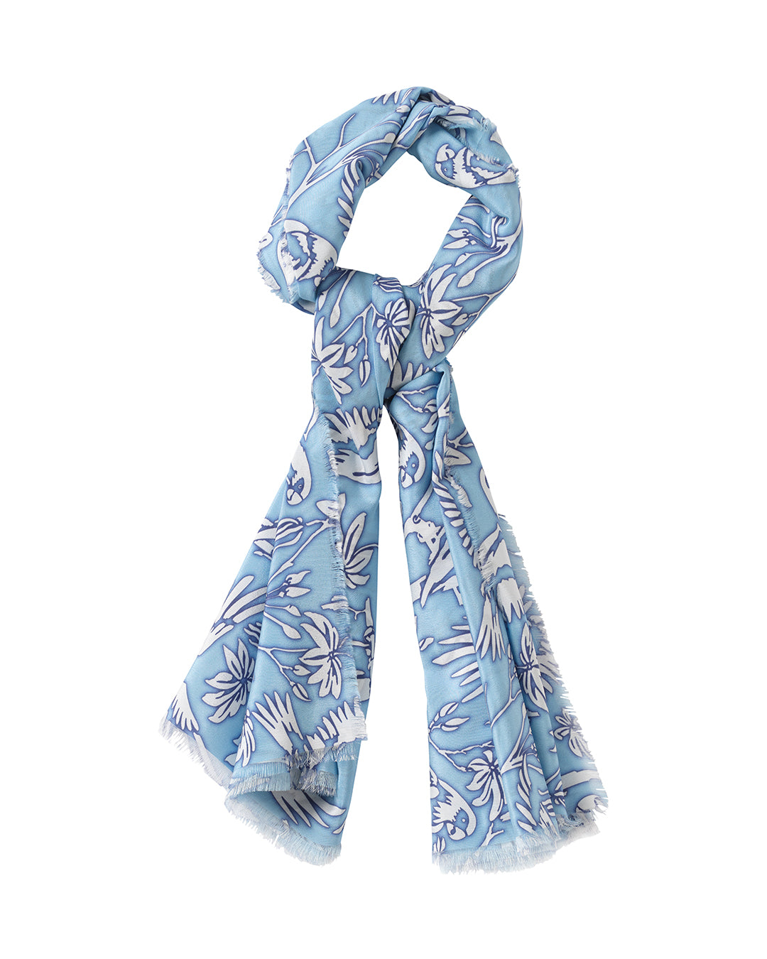 Pink House pure silk crepe-de-Chine sarong in Parrot Blue styled as a scarf – versatile luxury accessory by Lotty B for resortwear.