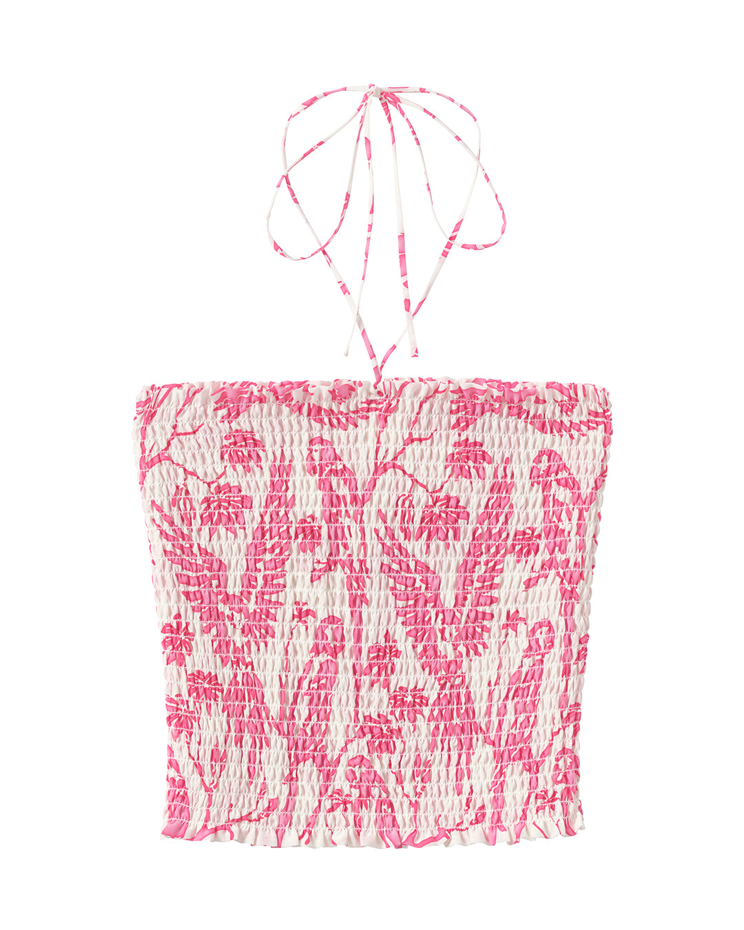 Pink House silk ruffle bandeau top in Parrot Pink – luxury crepe-de-Chine resortwear by Lotty B, ideal for beach holidays and travel.