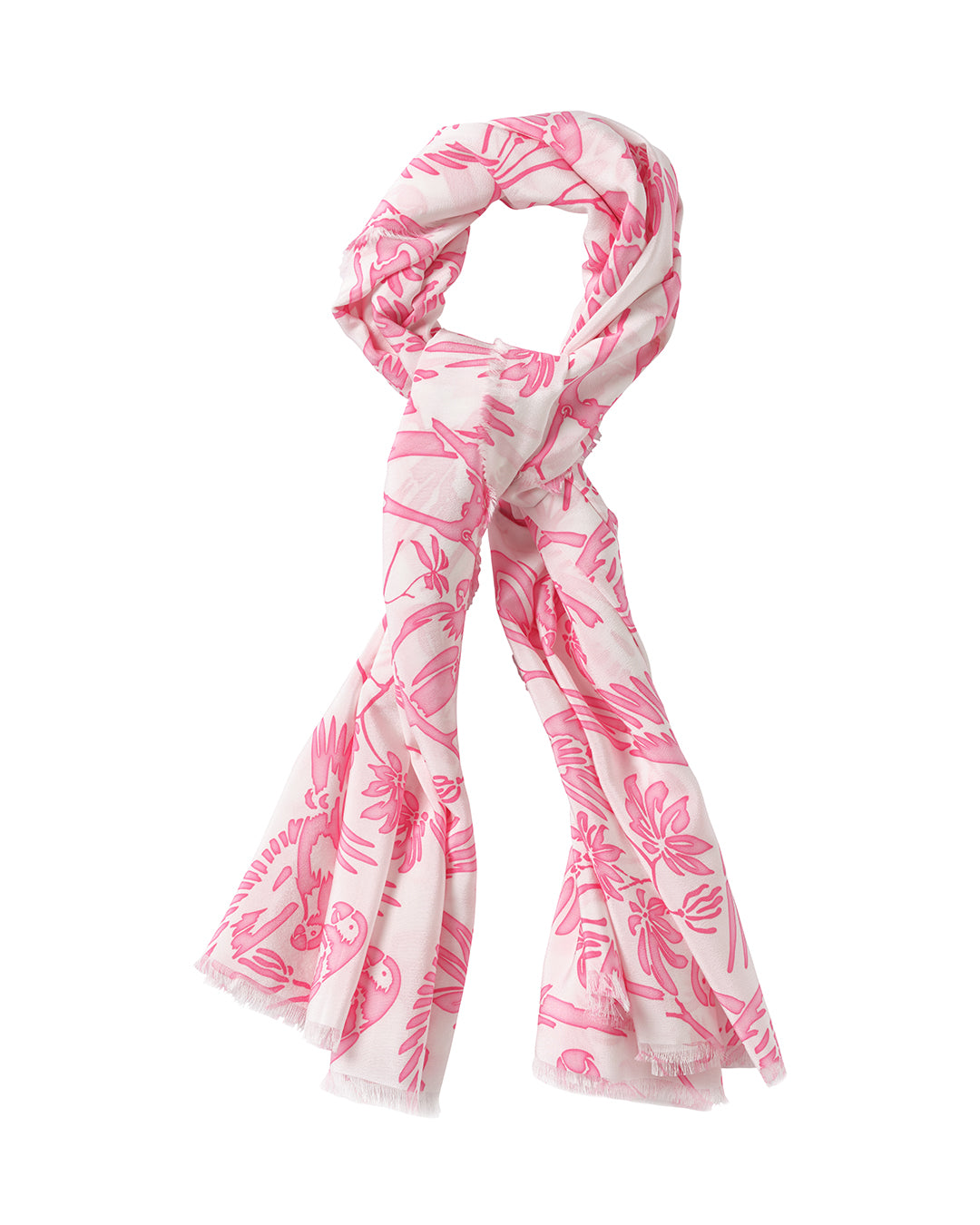 Pink House pure silk crepe-de-Chine sarong in Parrot Pink styled as a scarf – luxury resortwear accessory by Lotty B, ideal for travel.