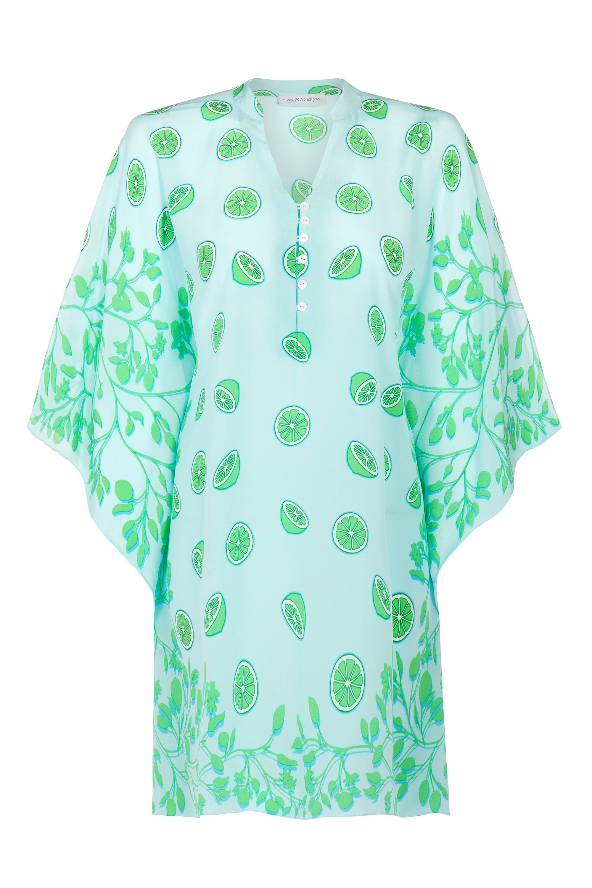 Exquisite silk kaftan in Lime Tree green designed by Lotty B Mustique