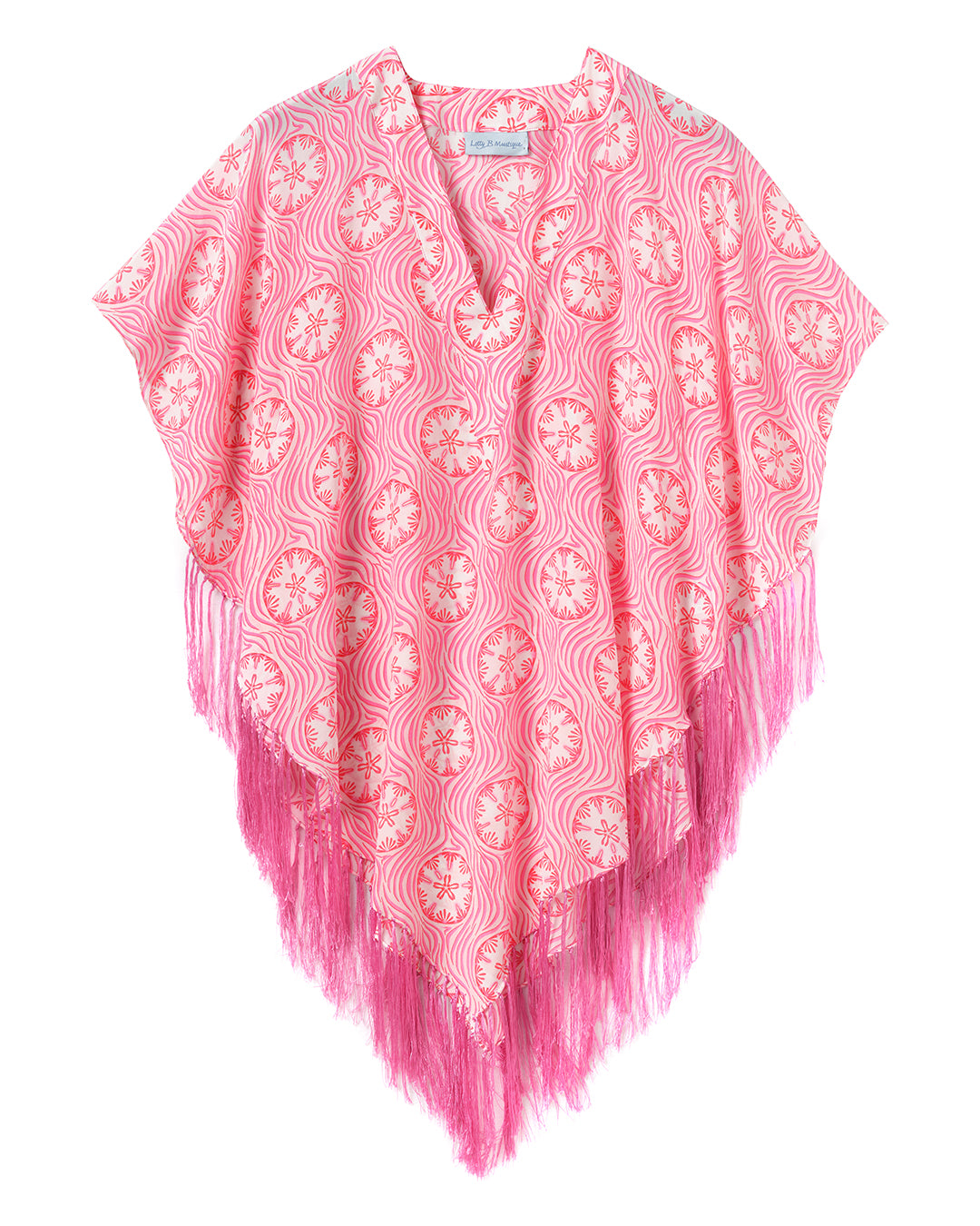 Lotty B pure silk crepe-de-Chine poncho in Sand Dollar Coral print – lightweight pink poncho with flowing fringe hem and ocean-inspired pattern, perfect for luxury resortwear and beach cover-ups.