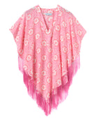 Lotty B pure silk crepe-de-Chine poncho in Sand Dollar Coral print – lightweight pink poncho with flowing fringe hem and ocean-inspired pattern, perfect for luxury resortwear and beach cover-ups.